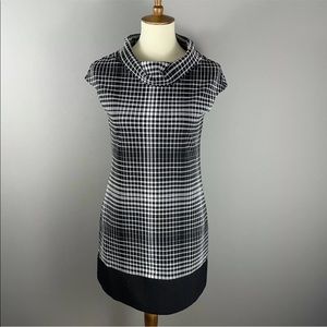 Express Black White Plaid Knit Mini Dress SIze S Cowl Neck Cap Sleeves Pockets